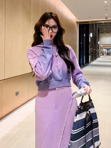 紫色渐变时尚休闲套装裙女2024春季新款韩版连帽卫衣半身裙两件套
