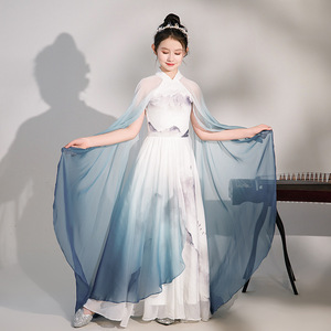 新款古筝演出服女童装中国风水墨长裙舞台表演渐变大气民乐演奏服