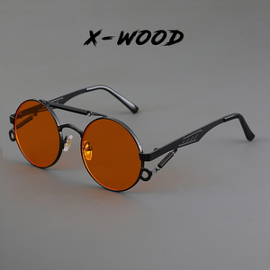新款超酷黑色墨镜UV400蒸汽朋克圆形金属未来感太阳眼镜弹簧腿
