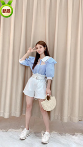 夏季新款韩版格子娃娃领拼接蕾丝上衣白色短裤松紧腰均码半裙套装