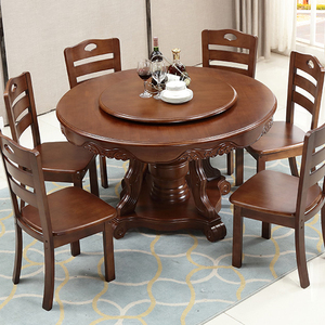 包邮促销简约中式实木家用饭桌圆形雕花餐桌椅组合橡木圆桌带转盘