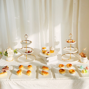 高级白金色陶瓷甜品台摆件ins风展示架子生日婚礼蛋糕摆盘点心架