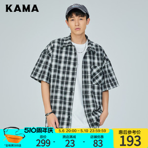 KAMA卡玛短袖黑白小格纹格子衬衫2024新款男款夏季百搭宽松上衣