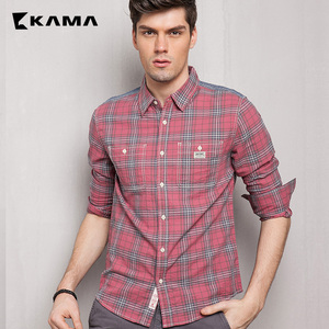 KAMA 卡玛 夏季新款男装 时尚尖领休闲长袖格子衬衫 22