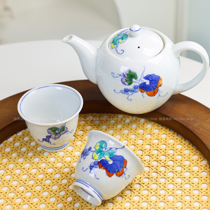 现货日本制进口有田烧华山窑手描彩绘茶壶茶杯套装茶具茶碗汤吞