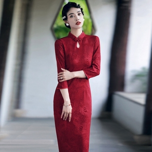 老上海旗袍2021年新款年轻款秋款长袖复古气质高级中长款连衣裙装