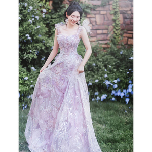 紫色礼服女高级感主持人气质晚宴礼服裙吊带一字肩花朵高端连衣裙