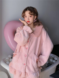 珊瑚绒睡衣女韩版ins冬款加绒加厚小翻领家居服2件套装可外穿粉色