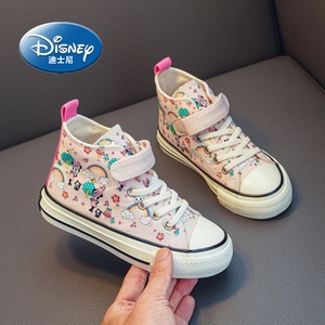 迪士尼女童帆布鞋2024春季新款高帮粉色儿童板鞋休闲运动女童布鞋