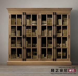 法式复古做旧四门实木书柜天地锁橡木书橱储物柜两门玻璃书架订制