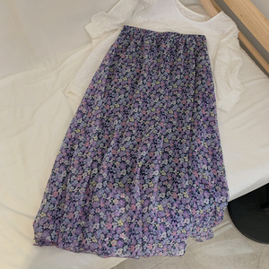 铺满紫色小花自制2021夏新款高档雪纺小碎花中长款A字半身裙显瘦