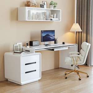 转角书桌书架一体轻奢现代简约白色家用电脑桌台式卧室办公桌子