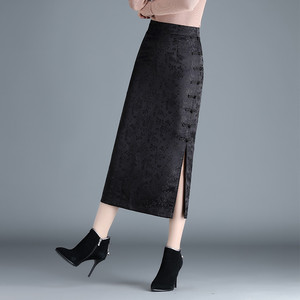 新中式提花半身裙女冬季2023新款高腰减龄优雅开叉直筒一步包臀裙