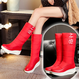 2023冬季新款红色防水羽绒雪地靴女式中筒棉靴加厚毛保暖厚底棉鞋
