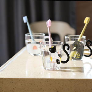 韩国可爱猫咪杯子玻璃牙刷杯一对少女心水杯牙缸杯套装卡通漱口杯
