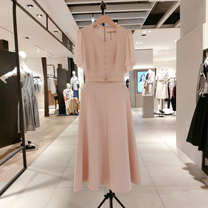 时尚韩版高级荷叶袖连衣裙2024年夏新款气质单排扣A字修身雪纺裙
