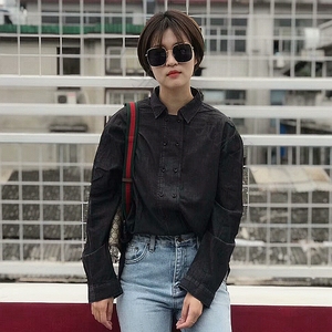 韩国 p-miss 复古文艺范底摆不等式纯色静版双排扣牛仔衬衫女