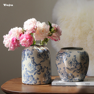 新中式复古陶瓷芍药花瓶景德镇客厅插花水培摆件高级感青花瓷花器