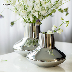 北欧电镀银色玻璃花瓶简约现代客厅餐桌高级感花器样板房装饰摆件
