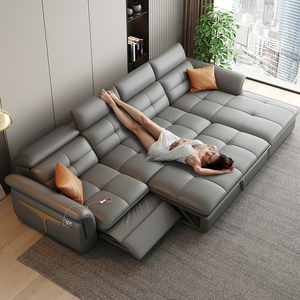 多功能沙发电动小户型客厅抽拉伸缩储物零靠墙真皮折叠两用沙发床