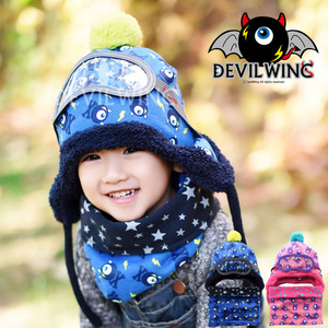 韩版男女孩儿童幼儿园宝宝冬季加绒护耳帽子棉帽飞行员帽围脖套装