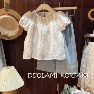 韩版童装女童短袖衬衫夏季女宝宝小香风白色花朵上衣泡泡袖娃娃衫