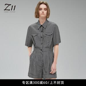 Z11女装夏季新款多色格子韩版翻领衬衫式收腰连体裤Z20BY450