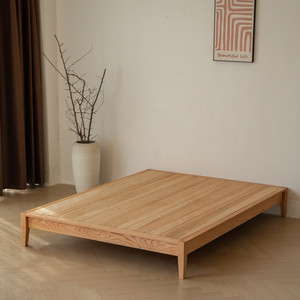 北欧红橡木小户型齐边床架无头床可定制木蜡油排骨架榫卯全实木床