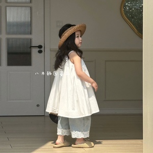 八月2024夏季新款韩版女童蕾丝吊带叠穿连衣裙女童九分薄款牛仔裤