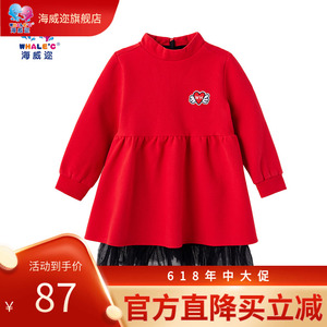 Whale′c/海威迩女童装儿童呢子连衣裙2022秋季红色长袖公主裙子