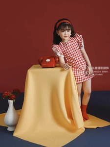 儿童旗袍红色格子裙港风复古90年摄影服装5岁6夏款61儿童节表演服