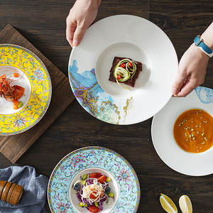 创意国风草帽盘意面陶瓷盘珐琅彩盘沙拉盘飞碟盘中式餐具西餐餐盘