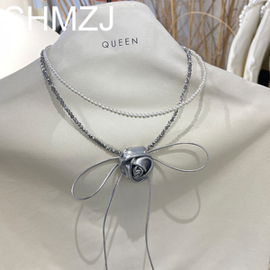 韩国代购新款设计师款串珠珍珠玫瑰花朵蝴蝶结双层项链锁骨链