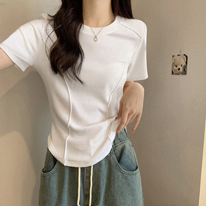韩版设计感鱼骨不规则短袖夏季新款纯欲白色t恤女上衣内搭打底衫