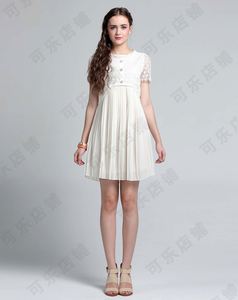 亦谷女装夏季时尚韩版遮肚蕾丝雪纺拼接短袖百褶连衣裙25637N3096