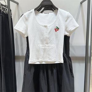 WIS&UR女2023夏季甜美樱桃刺绣图案坑纹短款紧身短袖T恤