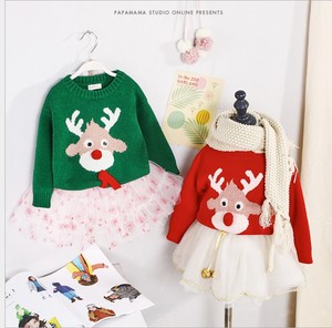 韩国男女童童装新款冬季圣诞节小鹿毛衣儿童绿色上衣宝宝毛衣红色