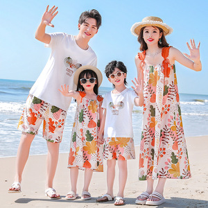 三亚风沙滩裙亲子装夏装一家四口母女母子三口海边度假短袖套装潮