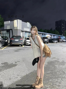 樱田川岛2024夏季新款小香风镂空针织吊带无袖罩衫背心两件套装女