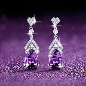 天然紫色水晶纯银耳钉女士2023新款爆款轻奢高级感红宝石耳环耳饰