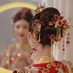 中式新娘头饰红色古风手工眉心坠古典发饰秀禾服高级感发饰套装