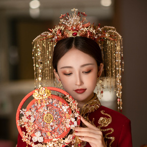 中式新娘头饰古典气质流苏凤冠蜻蜓红色精致古装秀禾服发饰品套装