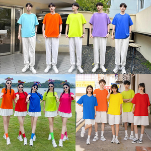 糖果彩色T恤夏季闺蜜套装团体男女表演出服装学生啦啦队舞蹈衣服
