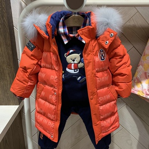 特价韩版童装专柜外贸尾单男童毛领连帽羽绒服儿童中长款加厚外套