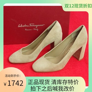 现货清仓 FERRAGAMO/菲拉格慕 AREZZO 绒面圆头粗跟鞋8cm女鞋