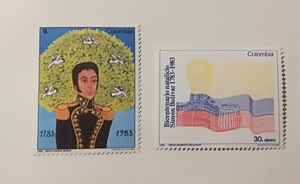 哥伦比亚 1983 国旗 玻利瓦尔 雕像 2枚新 外国邮票