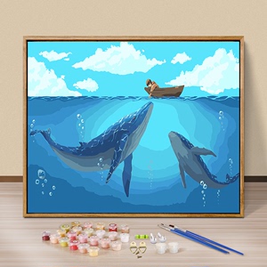 diy数字油画油彩画卡通动漫填色画手绘数字画客厅卧室装饰画鲸鱼