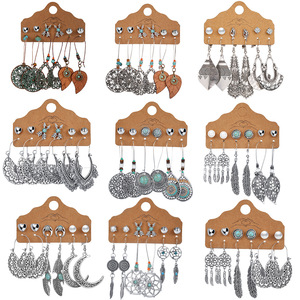 earrings women Set 6 pairs镂空耳钉6对套装 叶子羽毛复古耳环女