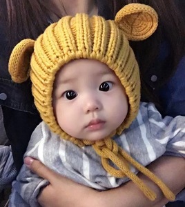 ins爆款秋冬季韩国儿童帽小熊耳朵护耳针织帽加绒婴儿宝宝毛线帽