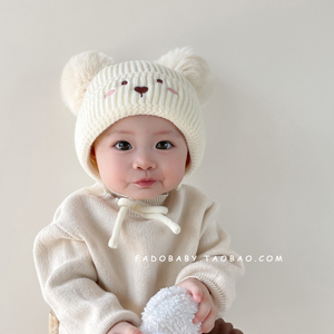 双球卡通婴儿帽子冬季加厚儿童毛线帽男女宝宝外出保暖针织护耳帽